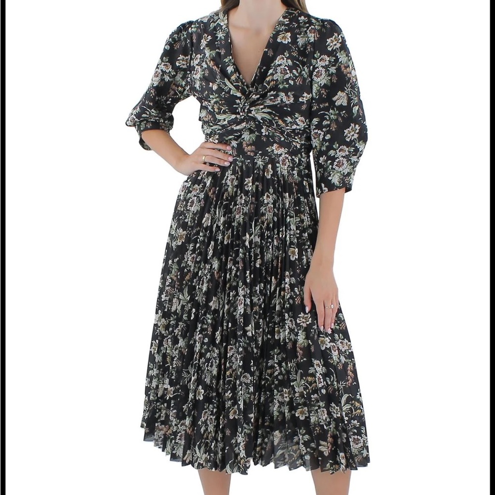 Elie Tahari Floral Pleated Black Midi Dress